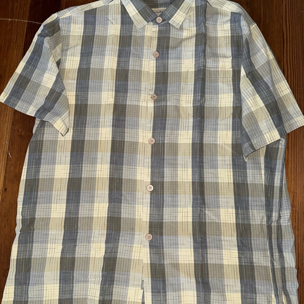 Tommy Bahama Gray and Cream Plaid Casual Shirt